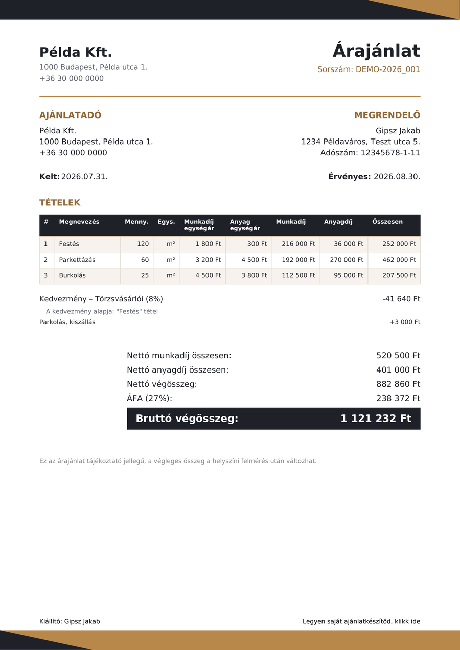 Példa árajánlat előnézete (teszt adatokkal)